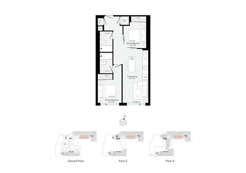 Floor plan for 2 beds, 2 baths, 714 sqft